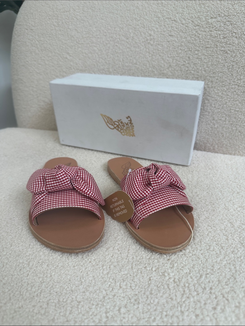 Ancient Greek Sandals Red Gingham Bow Slide Sandals